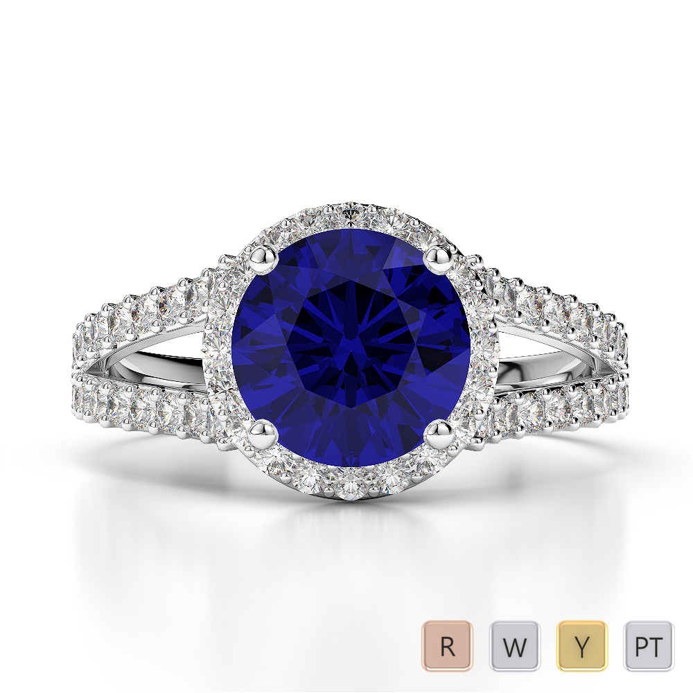 Round Lab Blue Sapphire and Diamond Engagement Ring in Gold / Platinum