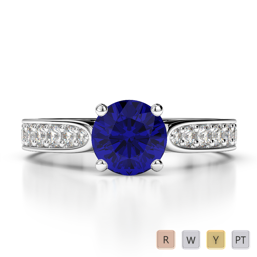Round Lab Blue Sapphire and Diamond Engagement Ring in Gold / Platinum
