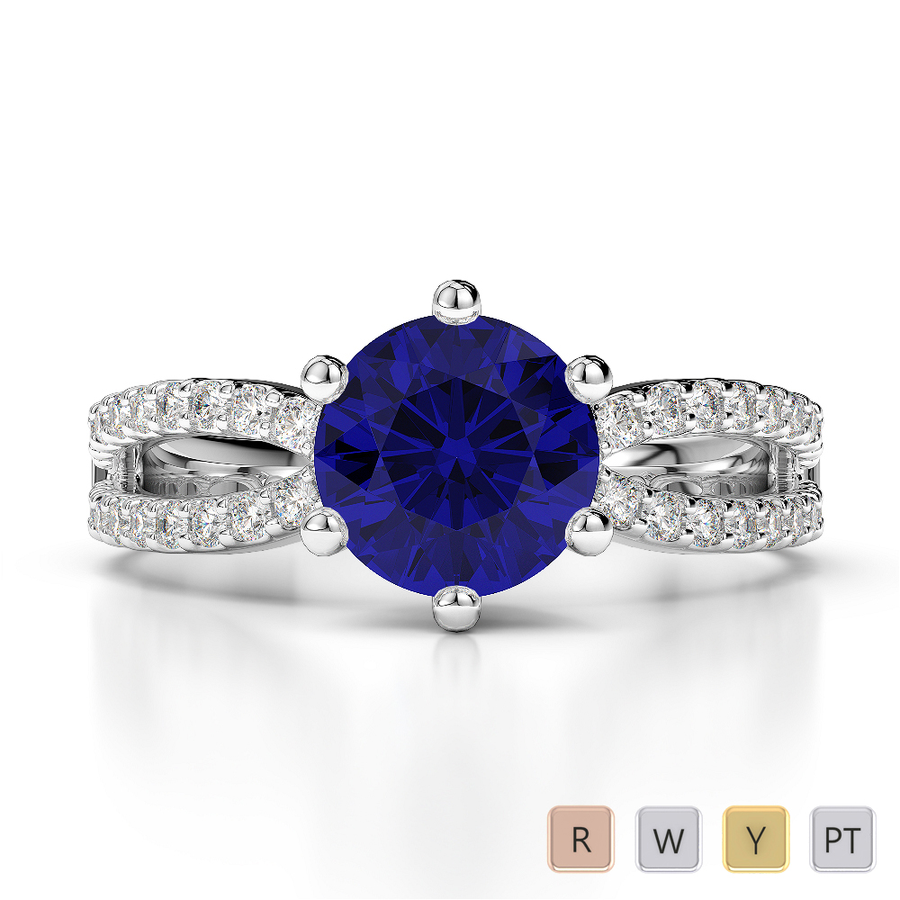 Round Lab Blue Sapphire and Diamond Engagement Ring in Gold / Platinum