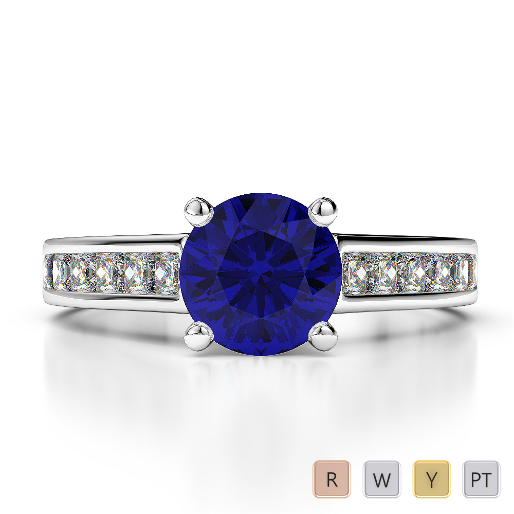Round Lab Blue Sapphire and Diamond Engagement Ring in Gold / Platinum