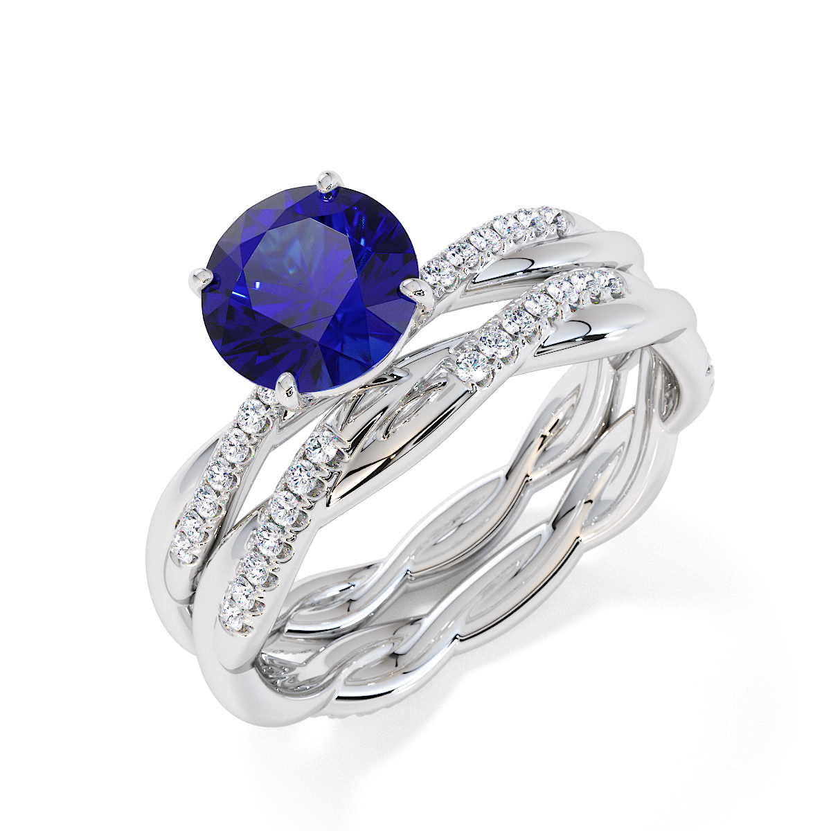Round Lab Blue Sapphire and Diamond Engagement Ring in Gold / Platinum