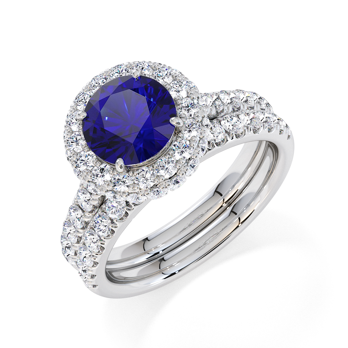 Round Lab Blue Sapphire and Diamond Engagement Ring in Gold / Platinum