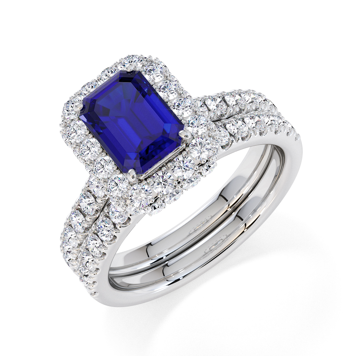 Emerald Lab Blue Sapphire and Diamond Engagement Ring in Gold / Platinum