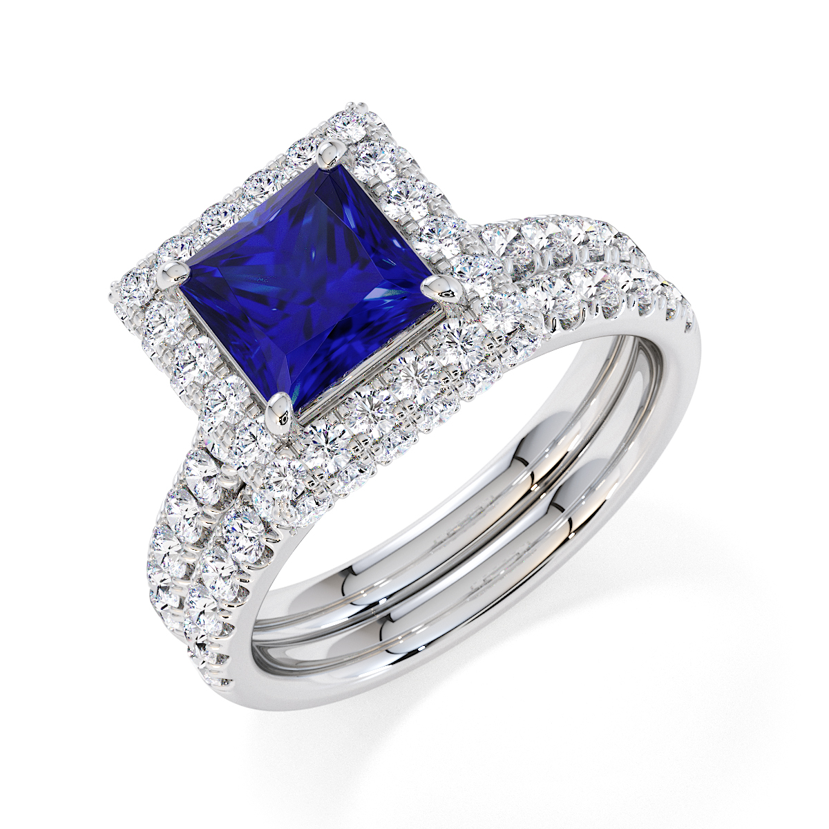 Princess Lab Blue Sapphire and Diamond Engagement Ring in Gold / Platinum