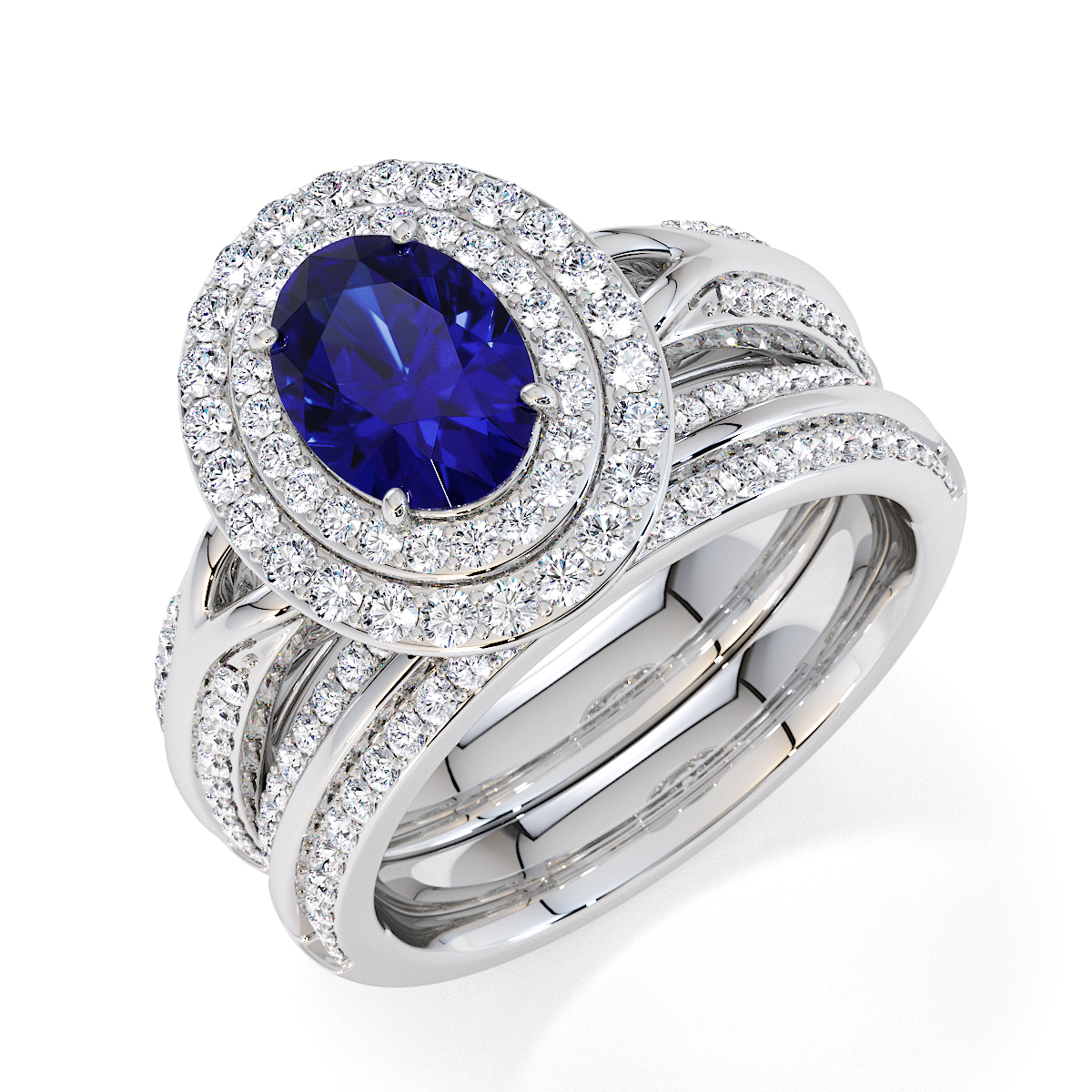 Oval Lab Blue Sapphire and Diamond Engagement Ring in Gold / Platinum