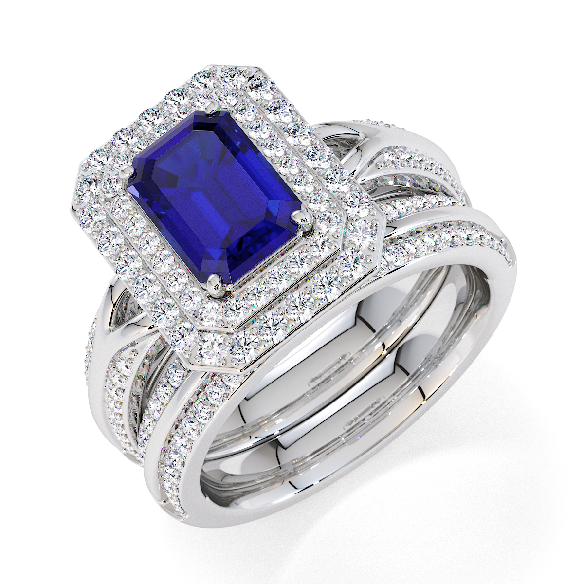 Emerald Lab Blue Sapphire and Diamond Engagement Ring in Gold / Platinum