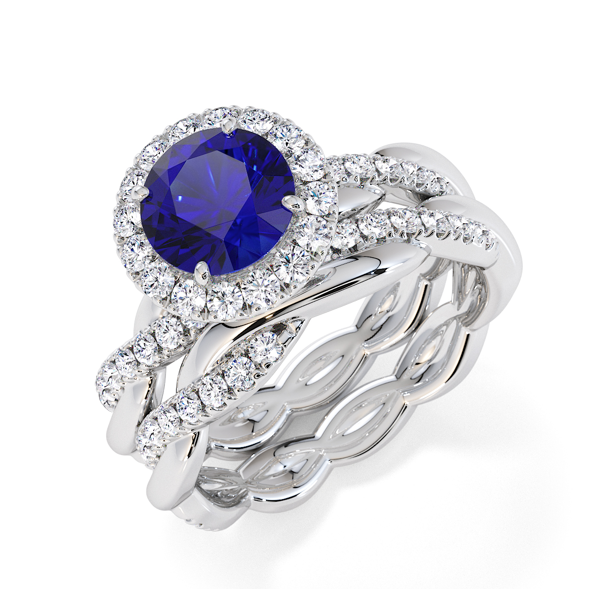Round Lab Blue Sapphire and Diamond Engagement Ring in Gold / Platinum