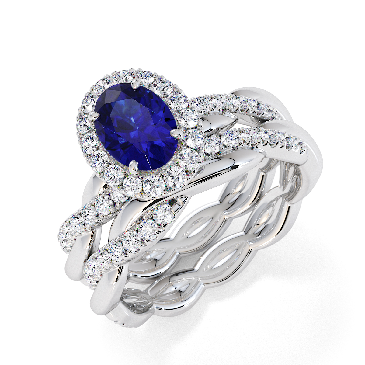 Oval Lab Blue Sapphire and Diamond Engagement Ring in Gold / Platinum