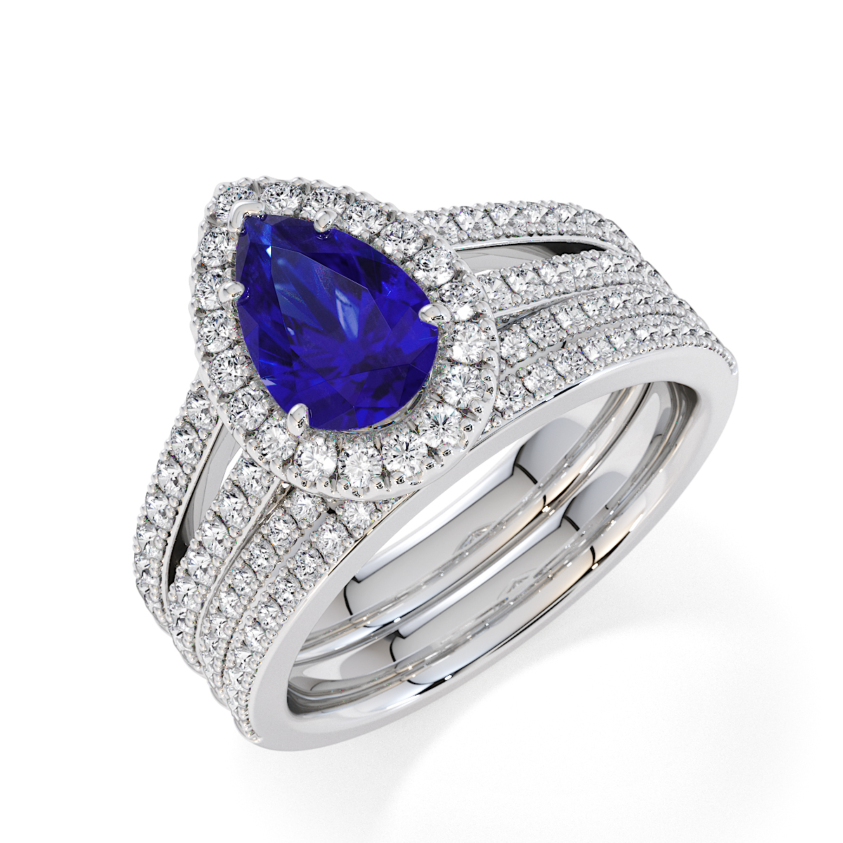Pear Lab Blue Sapphire and Diamond Engagement Ring in Gold / Platinum