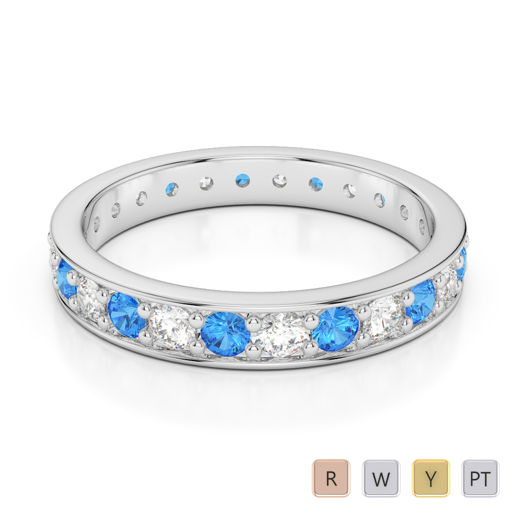 3 MM Gold / Platinum Round Cut Blue Topaz and Diamond Full Eternity Ring AGDR-1080