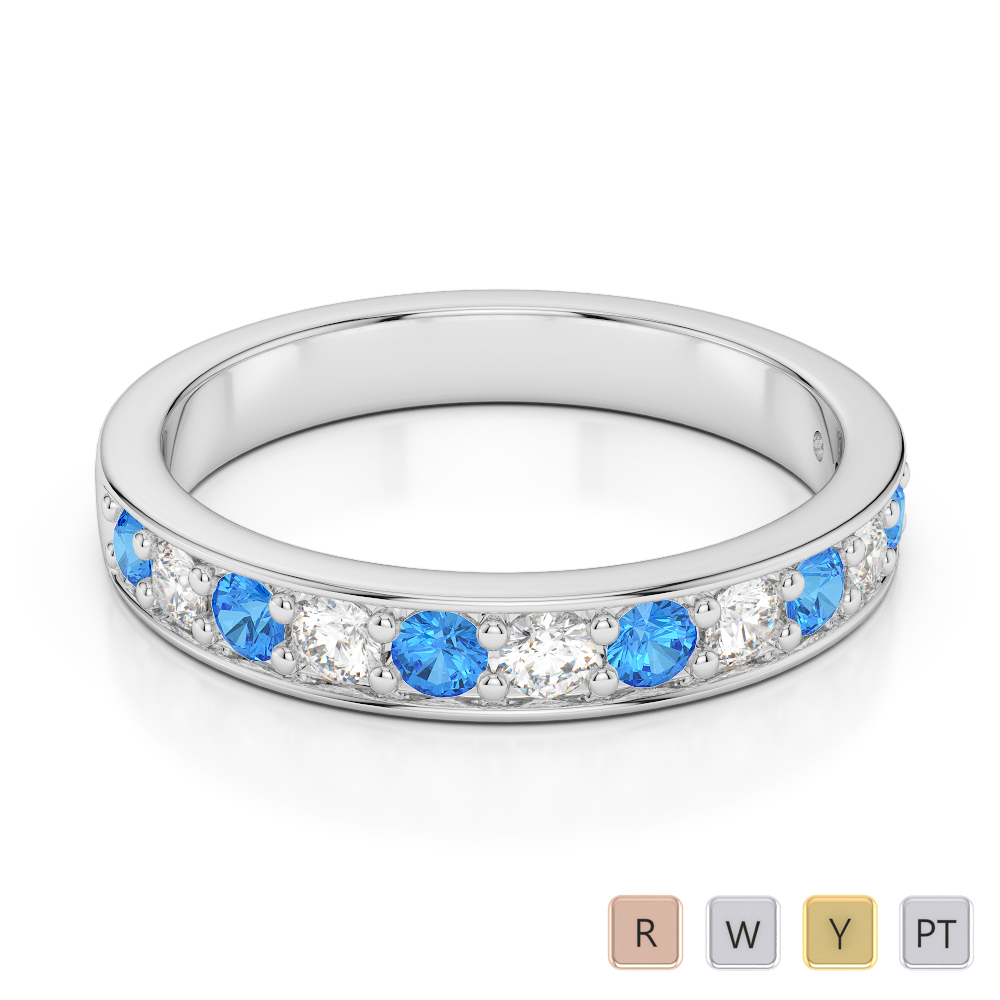 3 MM Gold / Platinum Round Cut Blue Topaz and Diamond Half Eternity Ring AGDR-1084