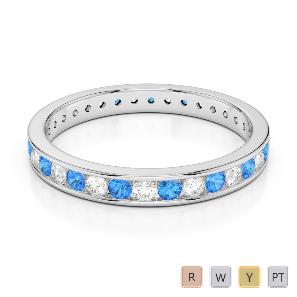 3 MM Gold / Platinum Round Cut Blue Topaz and Diamond Full Eternity Ring AGDR-1087
