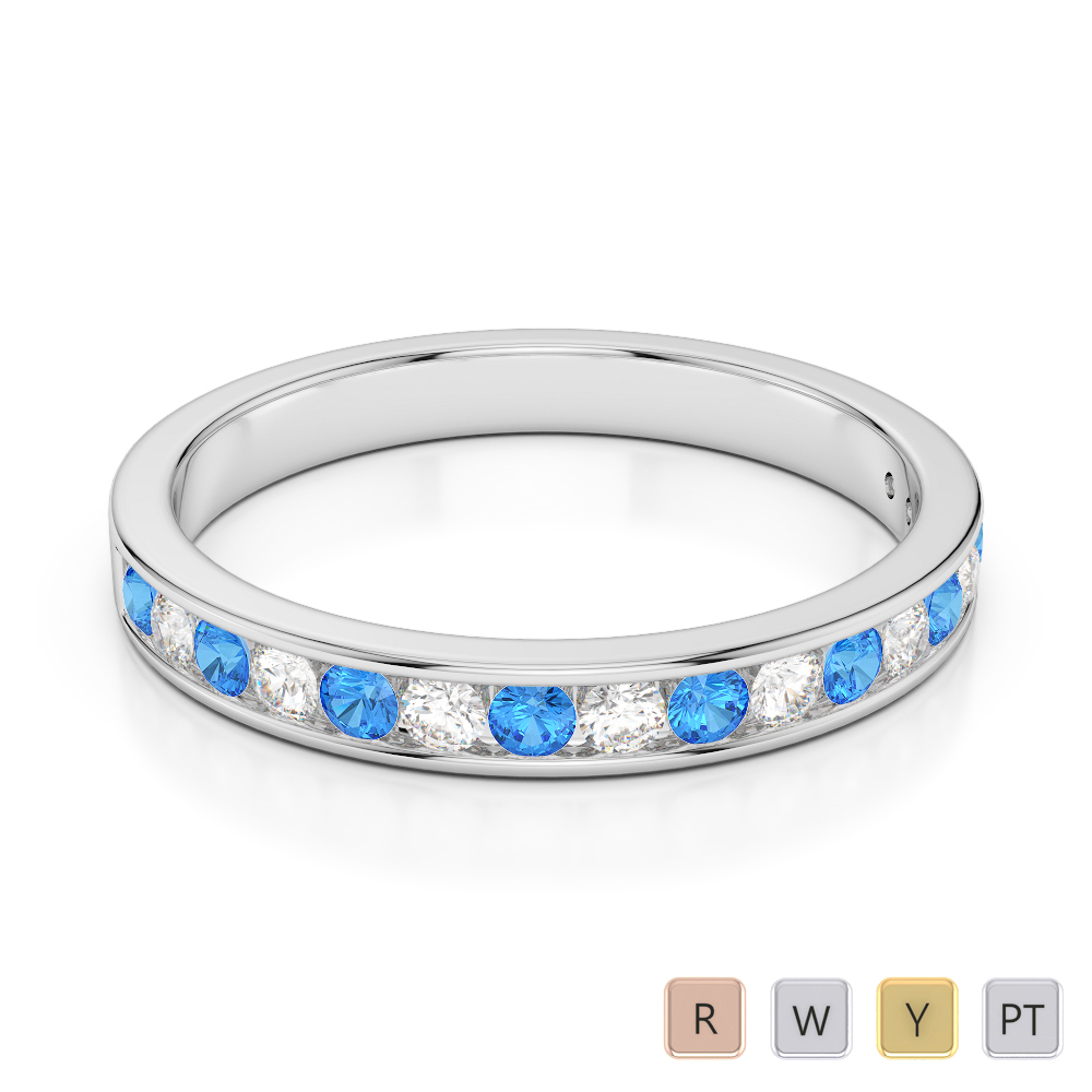3 MM Gold / Platinum Round Cut Blue Topaz and Diamond Half Eternity Ring AGDR-1090