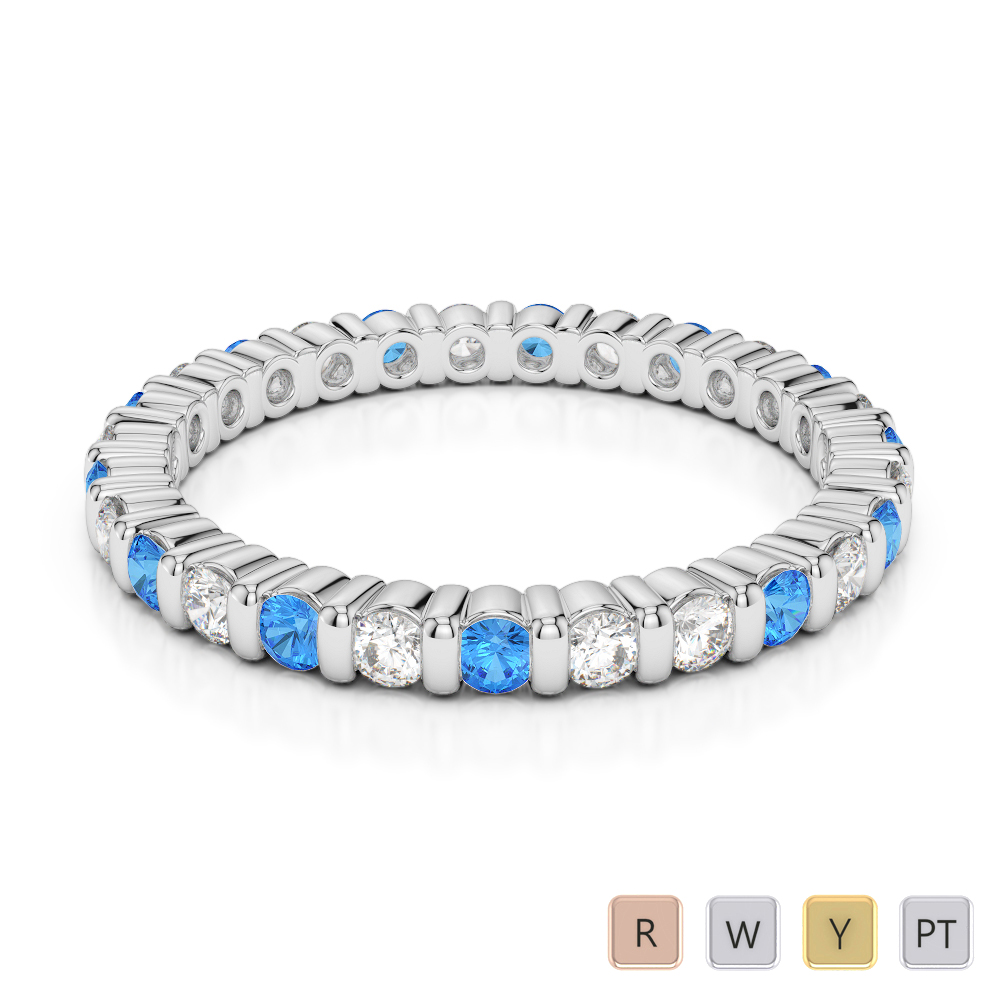 2 MM Gold / Platinum Round Cut Blue Topaz and Diamond Full Eternity Ring AGDR-1092