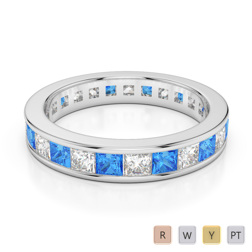 4 MM Gold / Platinum Princess Cut Blue Topaz and Diamond Full Eternity Ring AGDR-1134