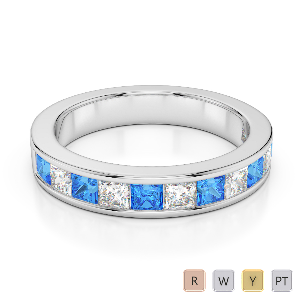 4 MM Gold / Platinum Princess Cut Blue Topaz and Diamond Half Eternity Ring AGDR-1137