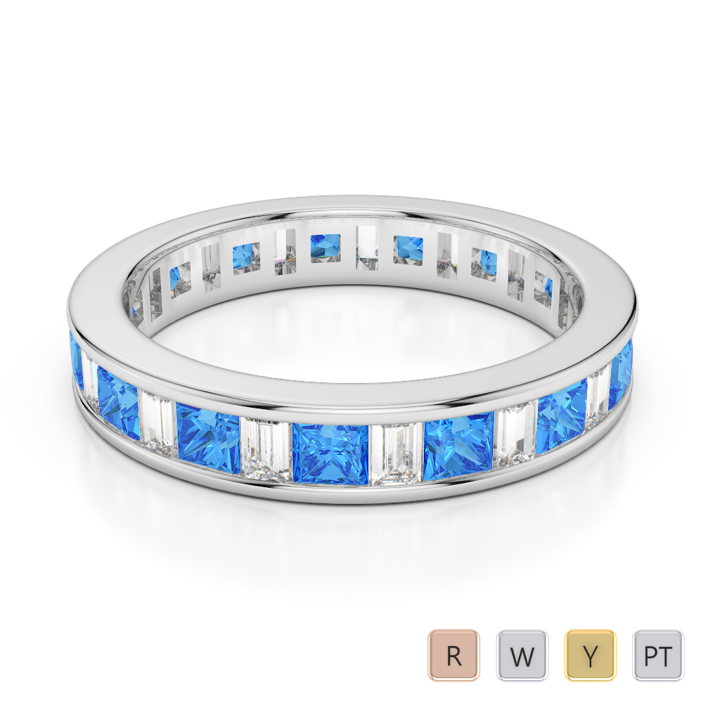 4 MM Gold / Platinum Princess and Baguette Cut Blue Topaz and Diamond Full Eternity Ring AGDR-1141