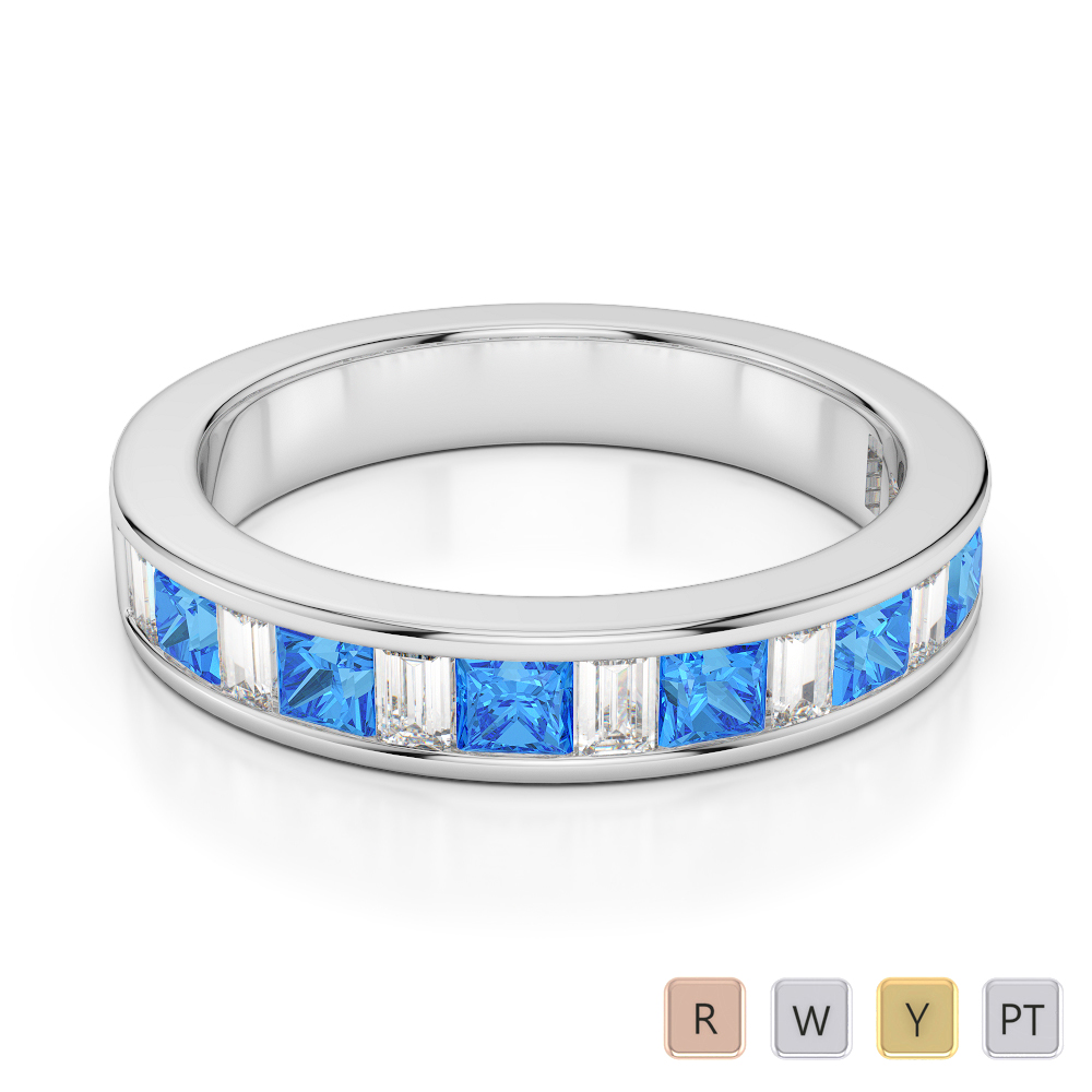 4 MM Gold / Platinum Princess and Baguette Cut Blue Topaz and Diamond Half Eternity Ring AGDR-1143