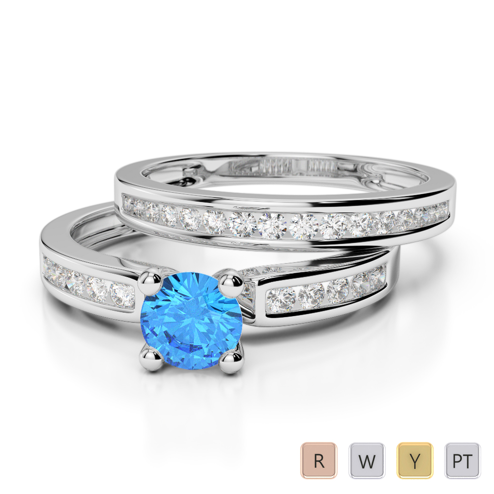 Gold / Platinum Round cut Blue Topaz and Diamond Bridal Set Ring AGDR-1157