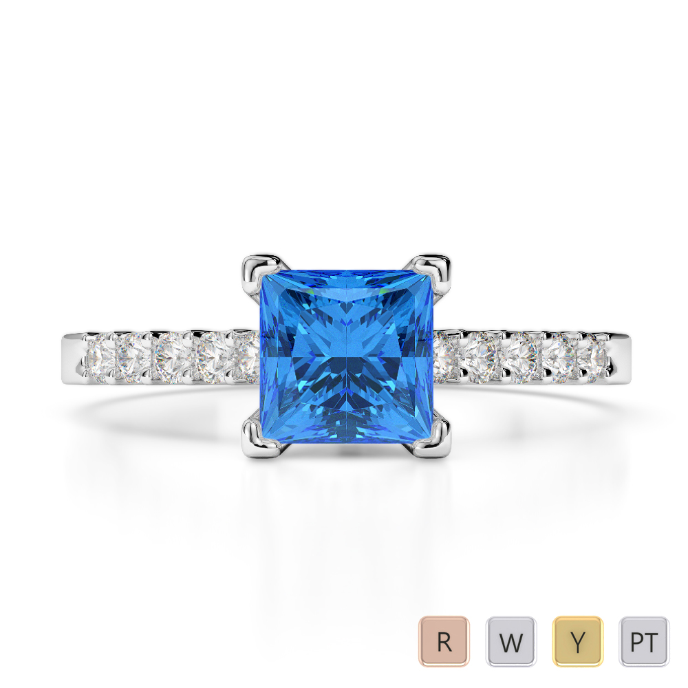 Gold / Platinum Round and Princess Cut Blue Topaz and Diamond Engagement Ring AGDR-1210
