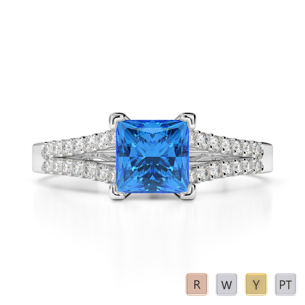 Gold / Platinum Round and Princess Cut Blue Topaz and Diamond Engagement Ring AGDR-1211
