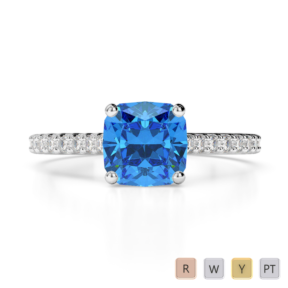 Gold / Platinum Round and Cushion Cut Blue Topaz and Diamond Engagement Ring AGDR-1216