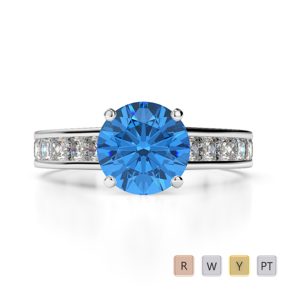 Gold / Platinum Round and Princess Cut Blue Topaz and Diamond Engagement Ring AGDR-1224