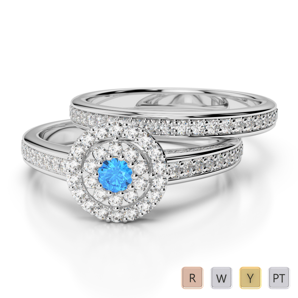 Gold / Platinum Round cut Blue Topaz and Diamond Bridal Set Ring AGDR-1239