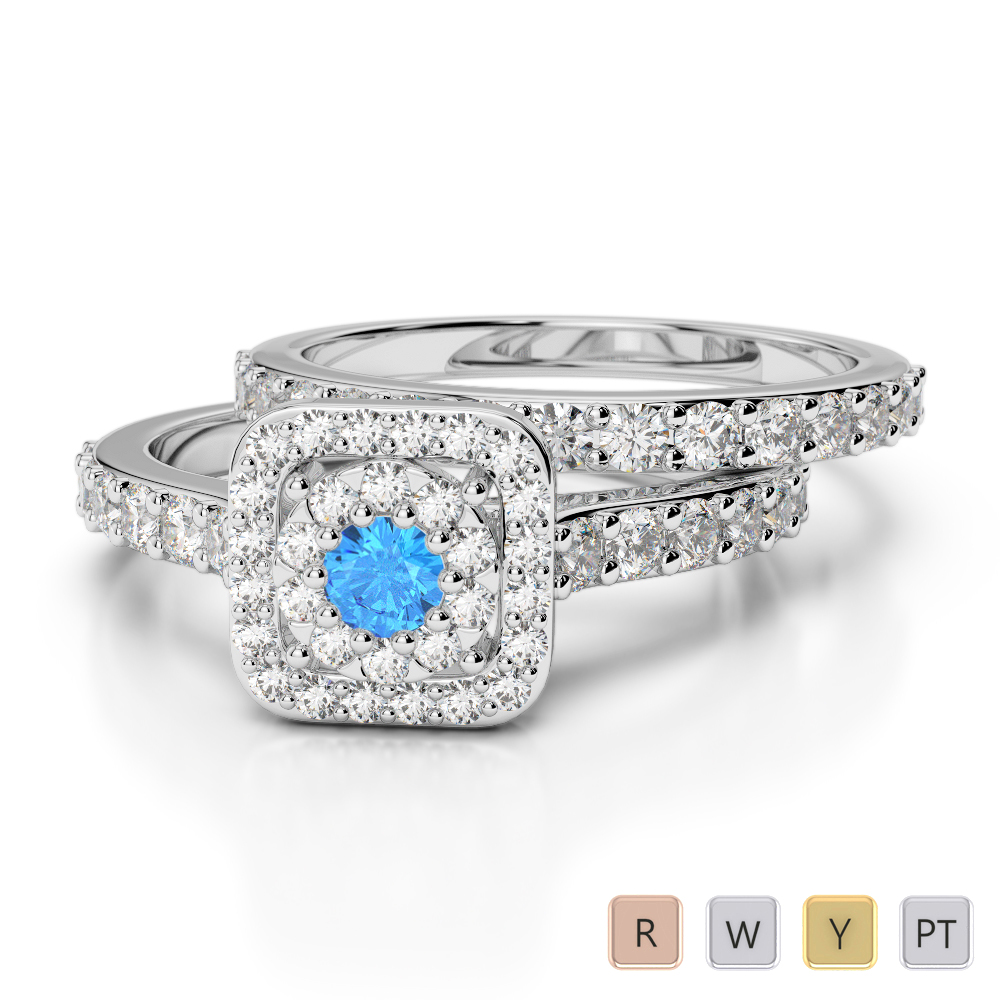 Gold / Platinum Round cut Blue Topaz and Diamond Bridal Set Ring AGDR-1246