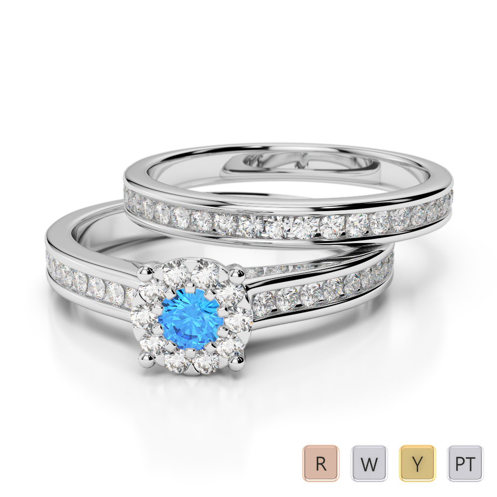 Gold / Platinum Round cut Blue Topaz and Diamond Bridal Set Ring AGDR-1339
