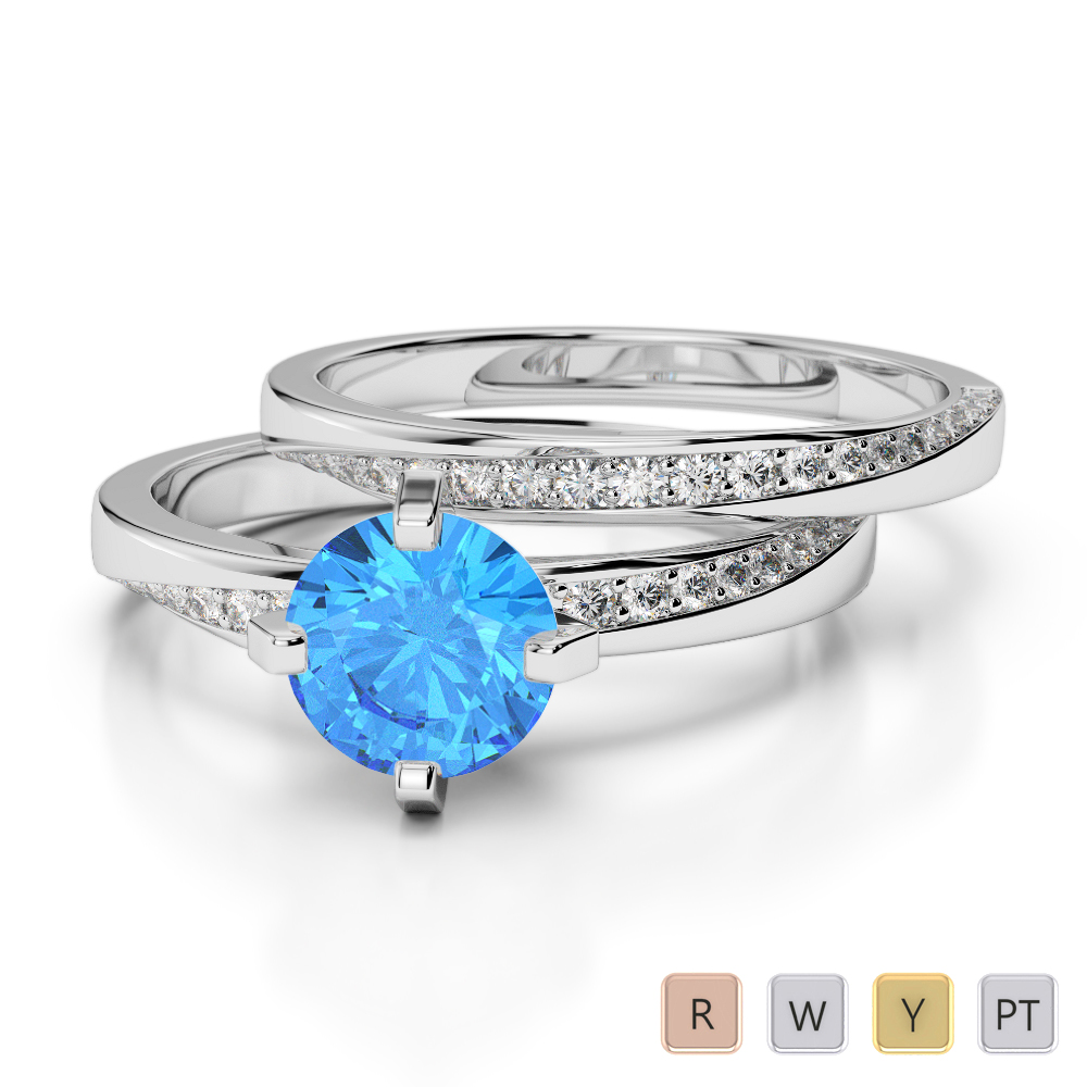 Gold / Platinum Round cut Blue Topaz and Diamond Bridal Set Ring AGDR-2001