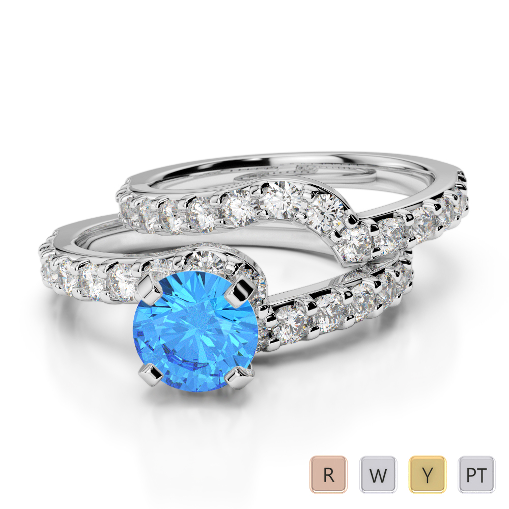 Gold / Platinum Round cut Blue Topaz and Diamond Bridal Set Ring AGDR-2003