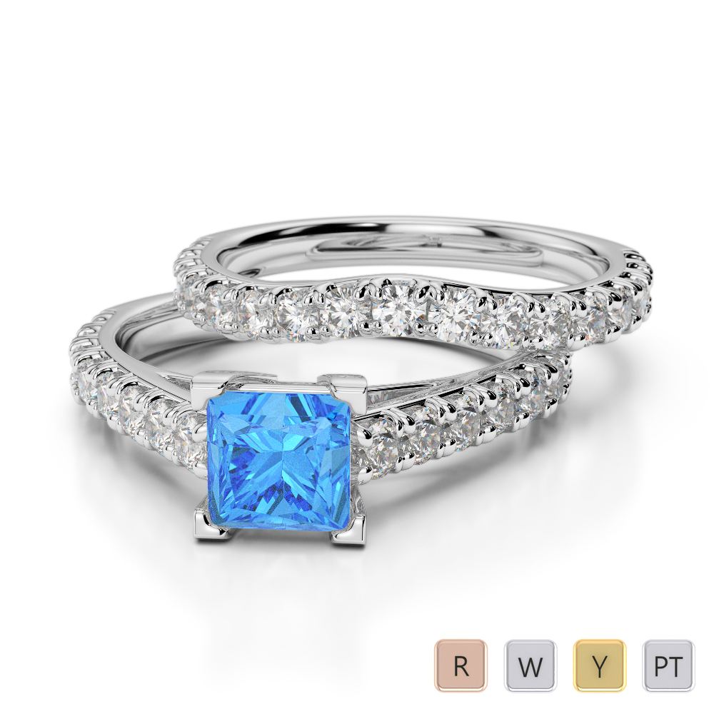 Gold / Platinum Round and Princess cut Blue Topaz and Diamond Bridal Set Ring AGDR-2007