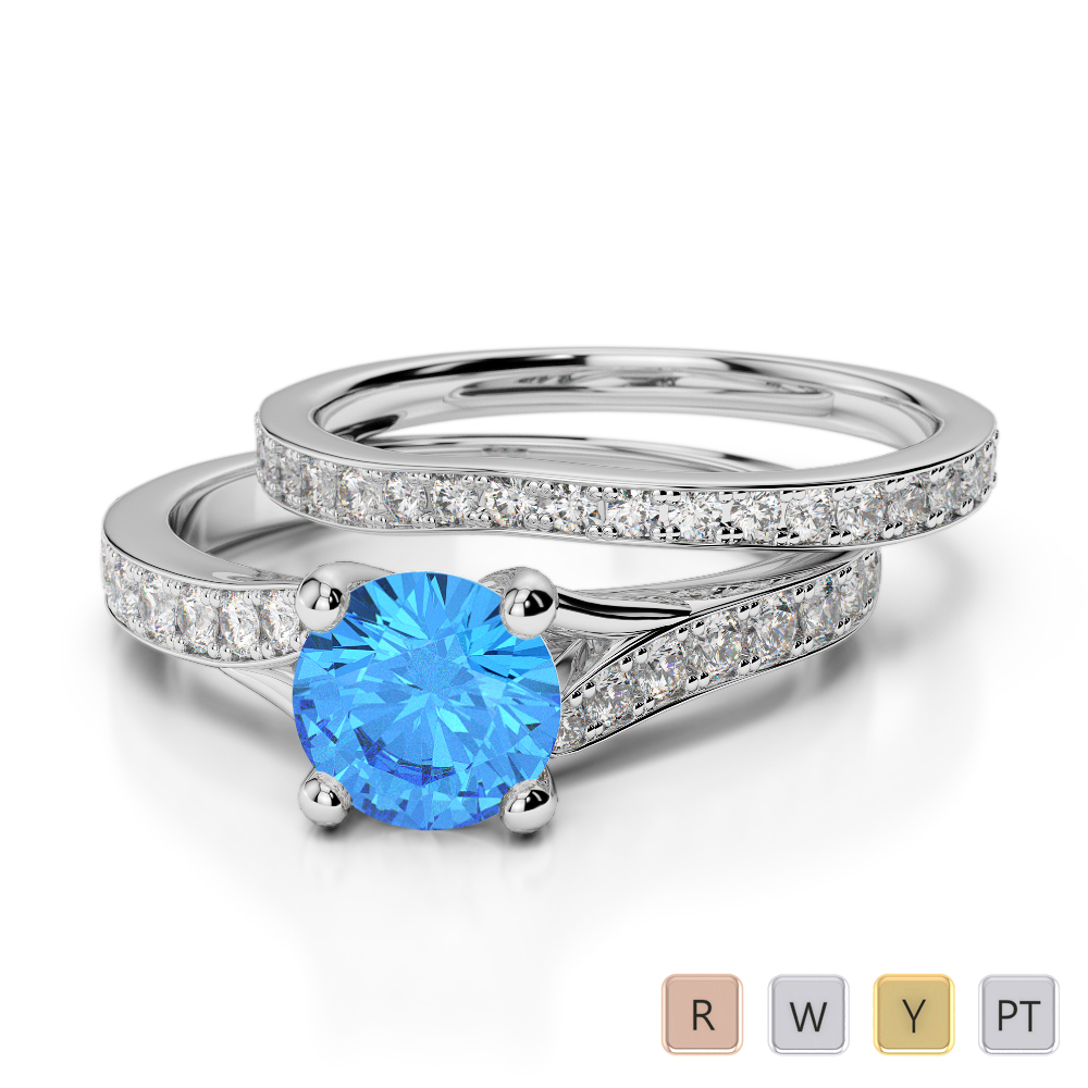 Gold / Platinum Round cut Blue Topaz and Diamond Bridal Set Ring AGDR-2011