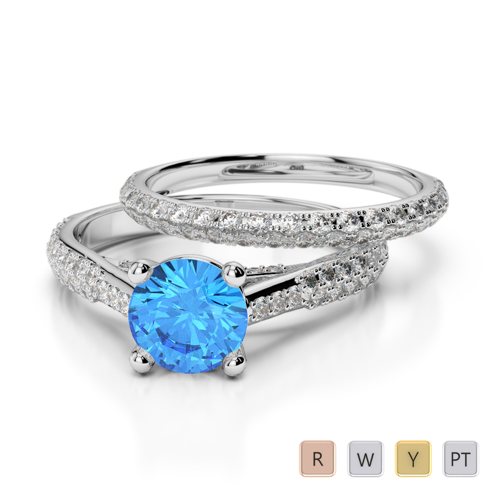 Gold / Platinum Round cut Blue Topaz and Diamond Bridal Set Ring AGDR-2013