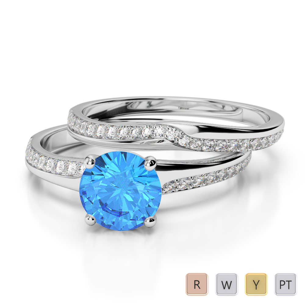 Gold / Platinum Round cut Blue Topaz and Diamond Bridal Set Ring AGDR-2015