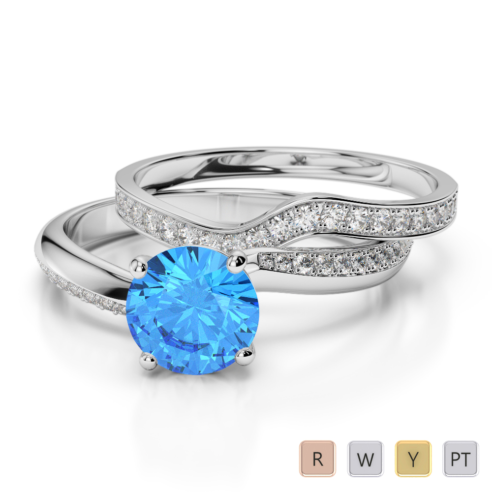 Gold / Platinum Round cut Blue Topaz and Diamond Bridal Set Ring AGDR-2017