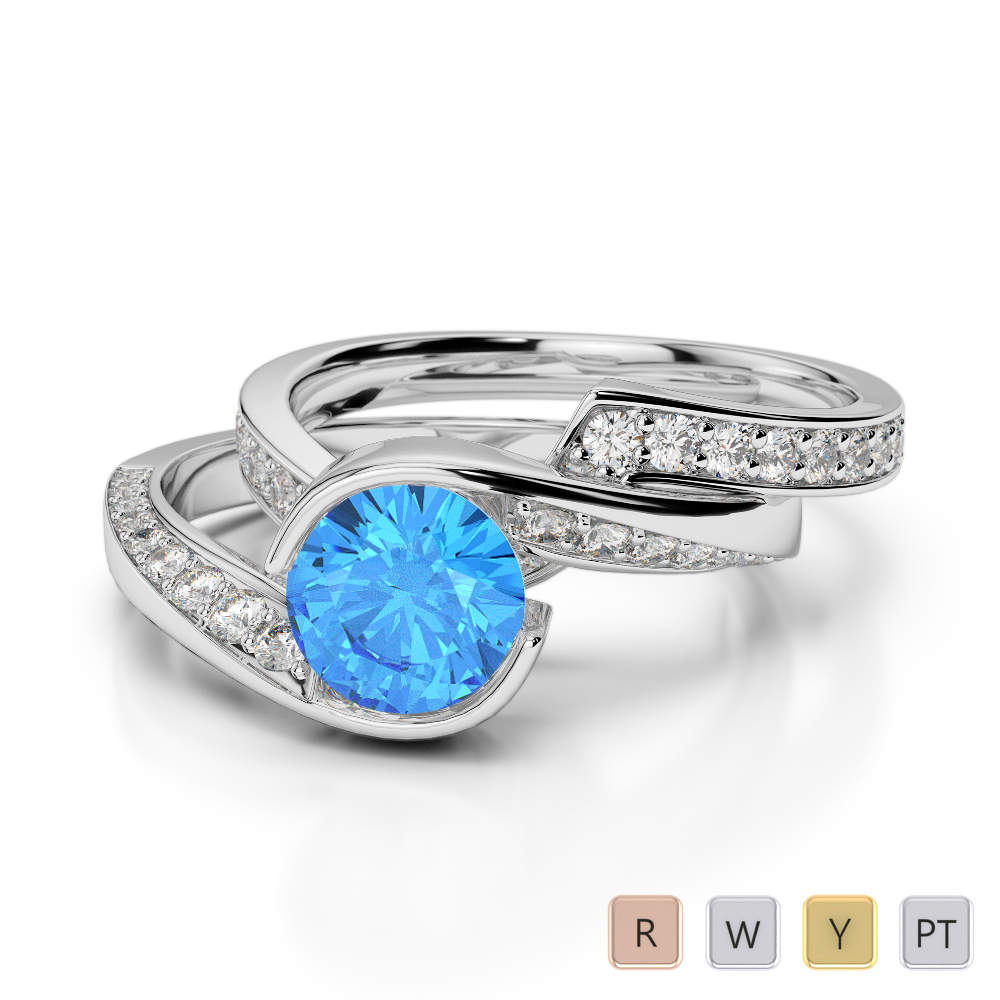 Gold / Platinum Round cut Blue Topaz and Diamond Bridal Set Ring AGDR-2019