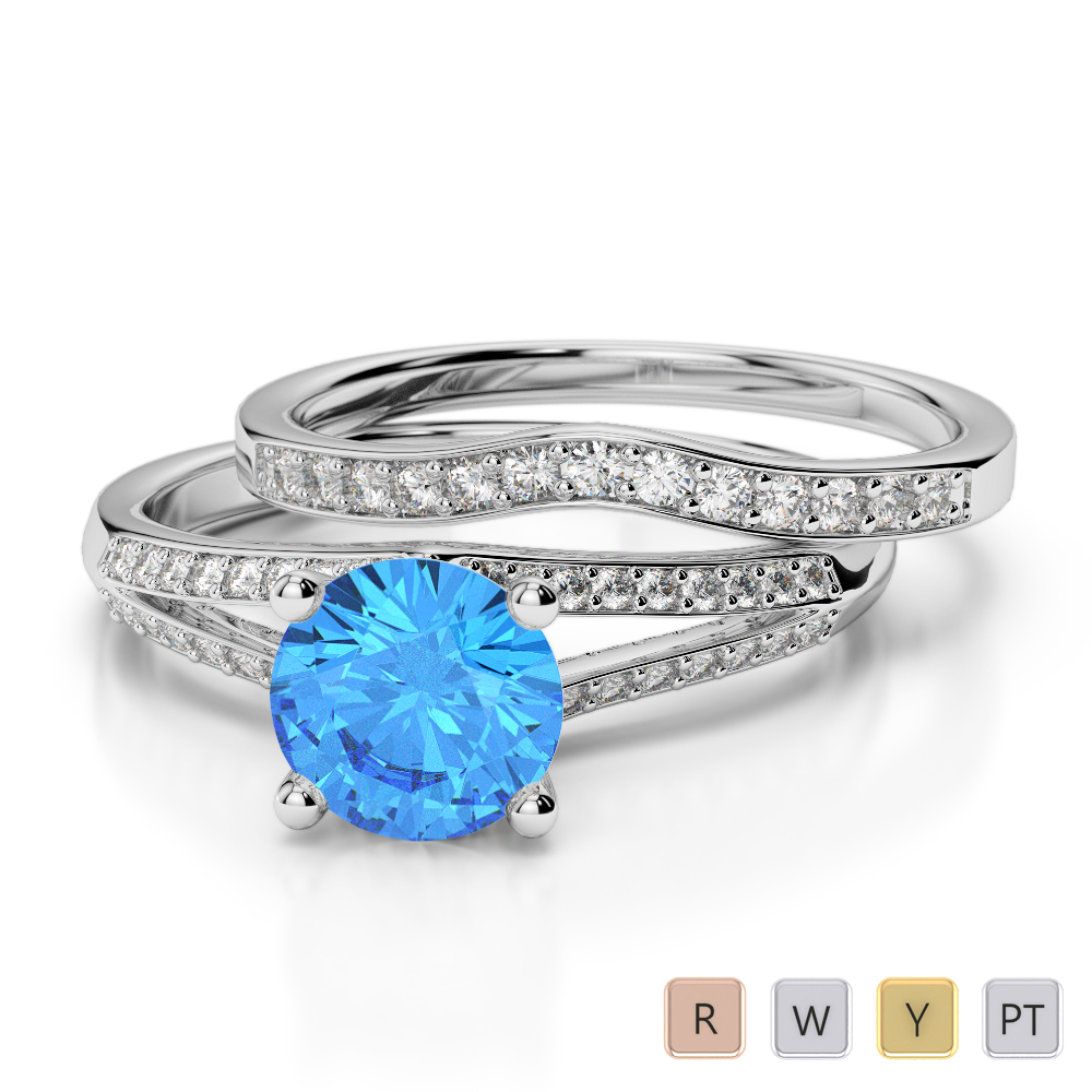 Gold / Platinum Round cut Blue Topaz and Diamond Bridal Set Ring AGDR-2037