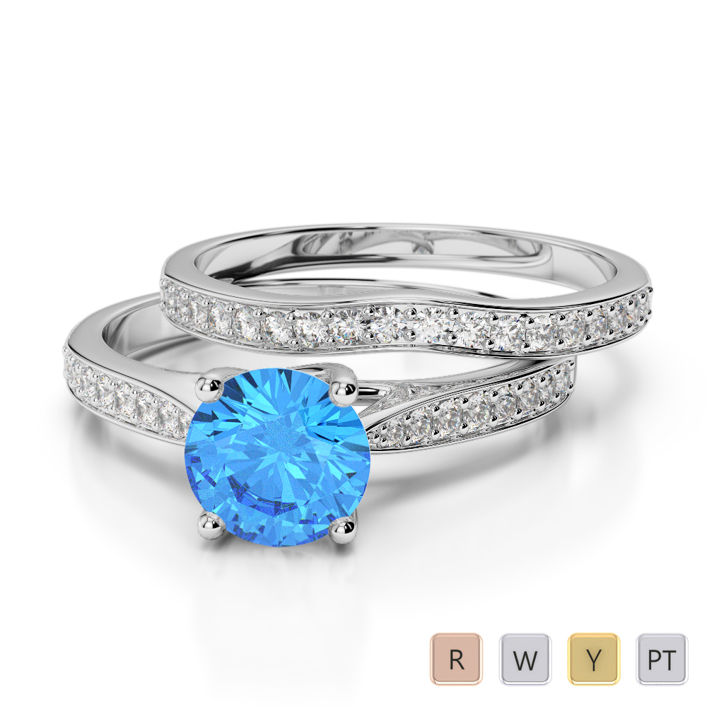 Gold / Platinum Round cut Blue Topaz and Diamond Bridal Set Ring AGDR-2053