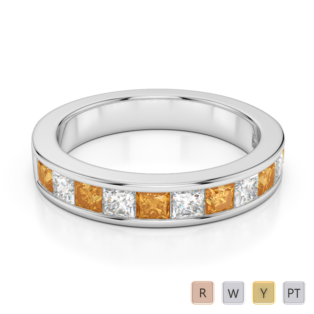 4 MM Gold / Platinum Princess Cut Citrine and Diamond Half Eternity Ring AGDR-1137