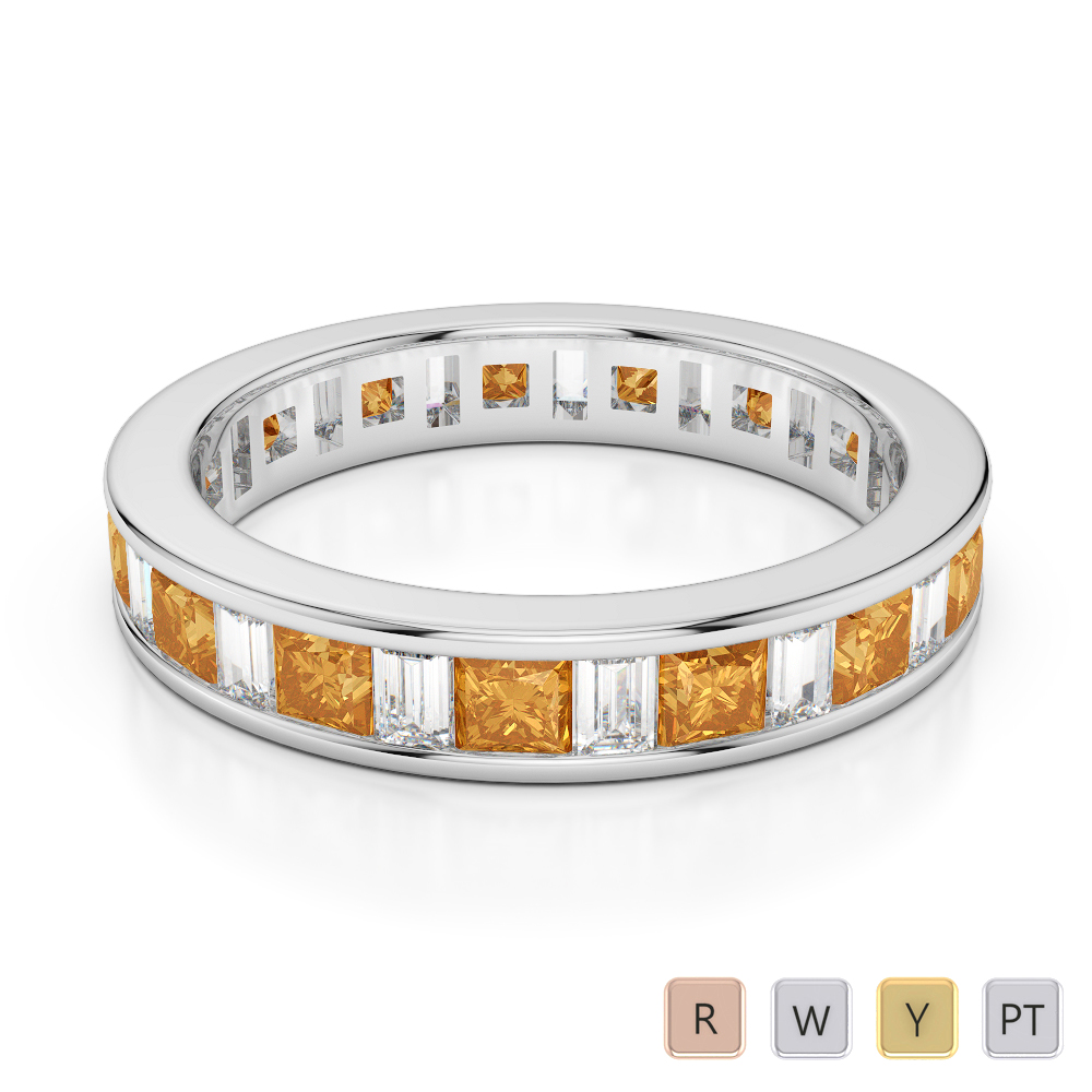4 MM Gold / Platinum Princess and Baguette Cut Citrine and Diamond Full Eternity Ring AGDR-1141