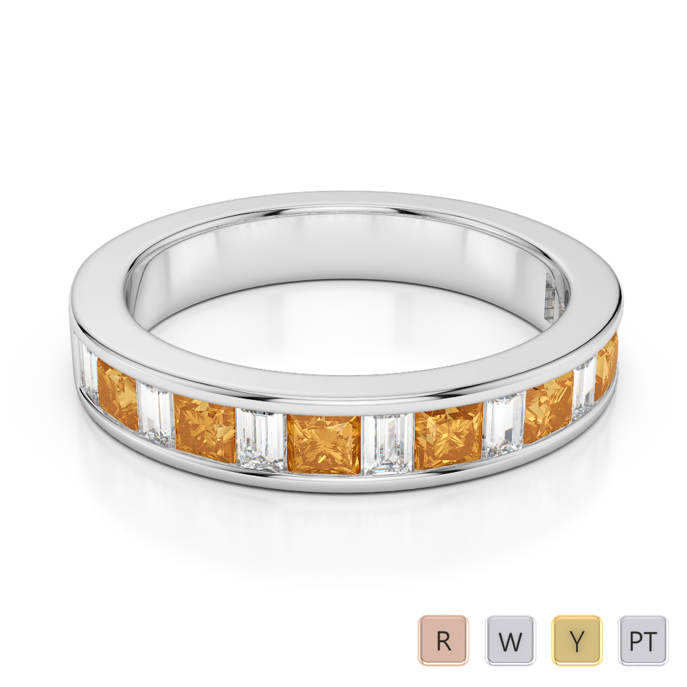 4 MM Gold / Platinum Princess and Baguette Cut Citrine and Diamond Half Eternity Ring AGDR-1143