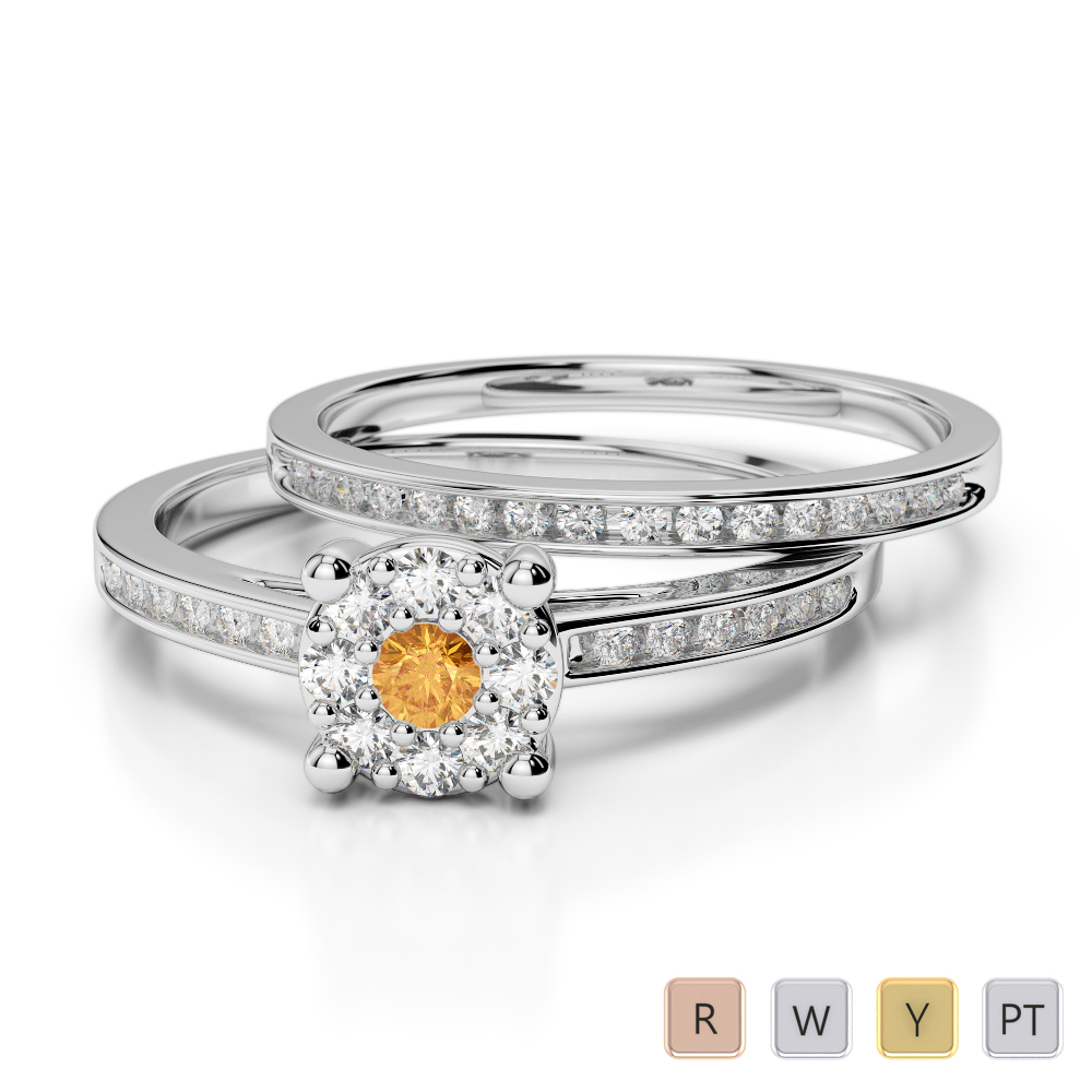 Gold / Platinum Round cut Citrine and Diamond Bridal Set Ring AGDR-1052