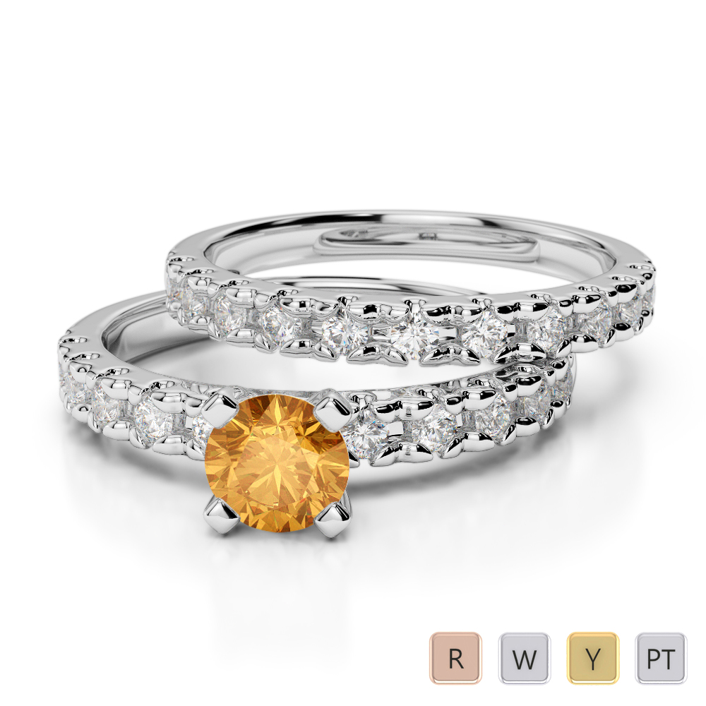 Gold / Platinum Round cut Citrine and Diamond Bridal Set Ring AGDR-1144