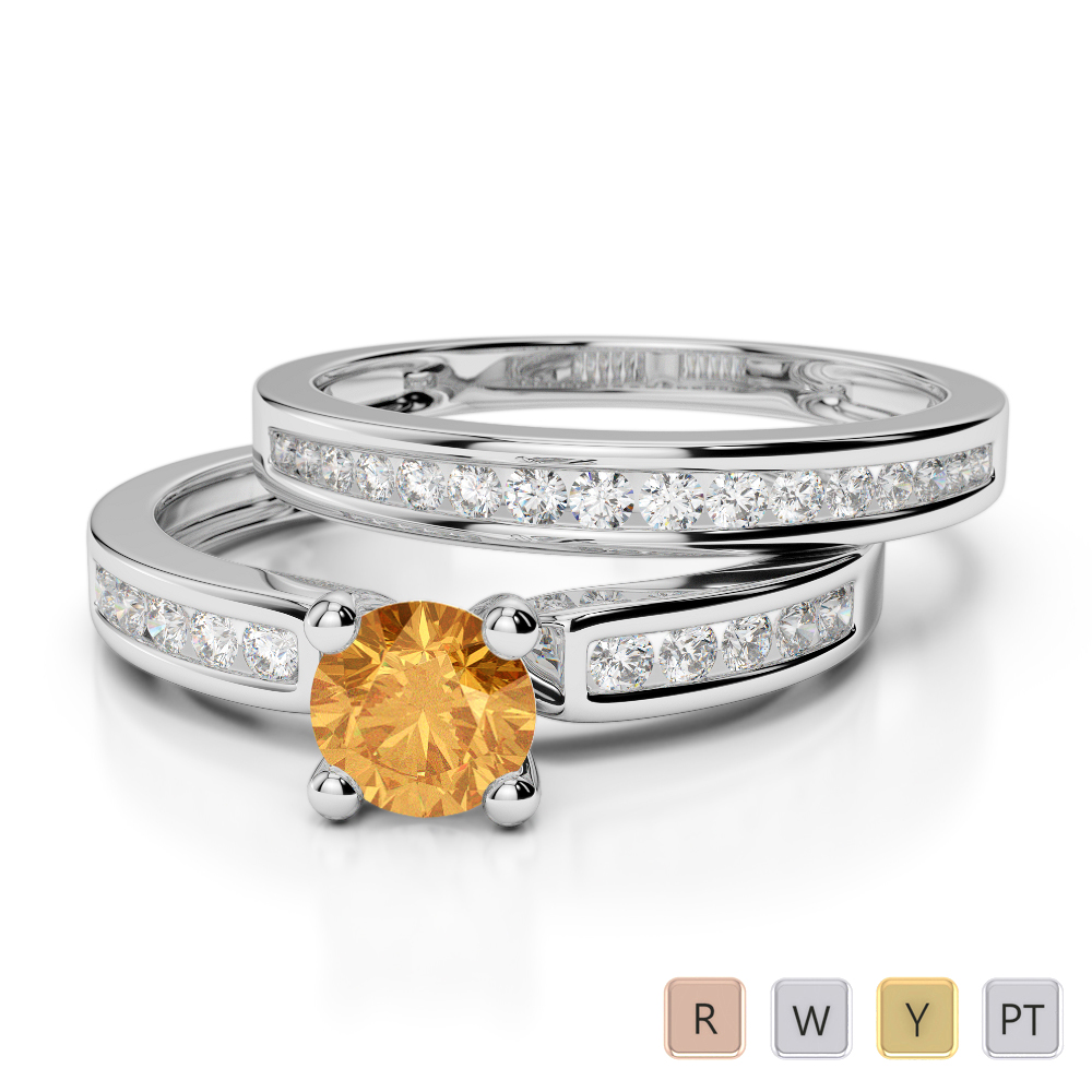 Gold / Platinum Round cut Citrine and Diamond Bridal Set Ring AGDR-1157