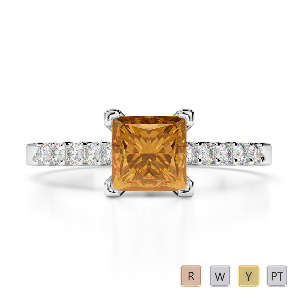 Gold / Platinum Round and Princess Cut Citrine and Diamond Engagement Ring AGDR-1210
