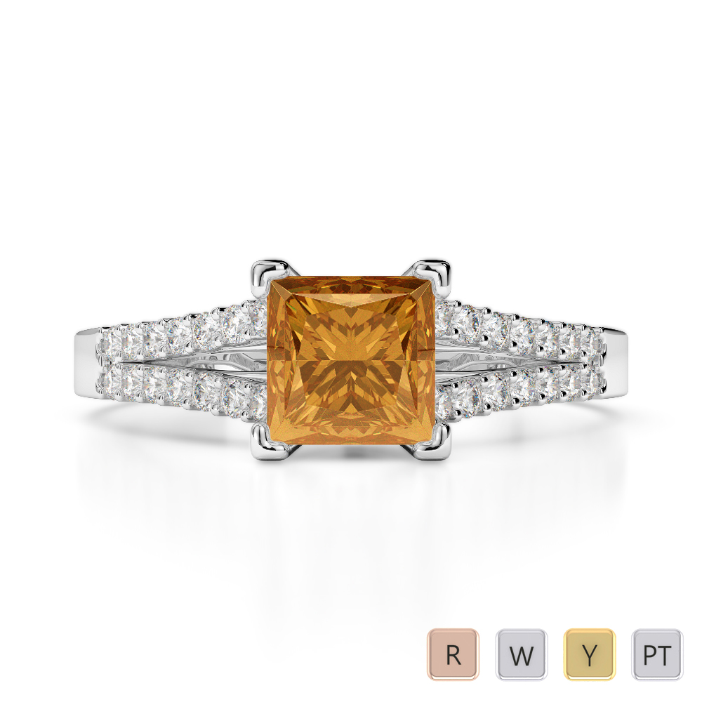 Gold / Platinum Round and Princess Cut Citrine and Diamond Engagement Ring AGDR-1211