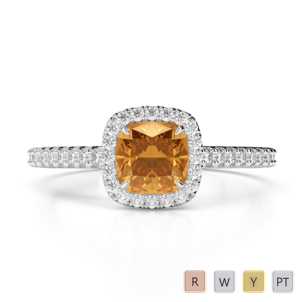 Gold / Platinum Round and Cushion Cut Citrine and Diamond Engagement Ring AGDR-1212