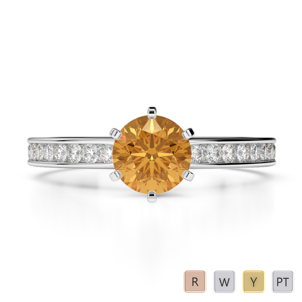 Gold / Platinum Round Cut Citrine and Diamond Engagement Ring AGDR-1214